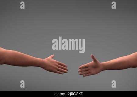 deux mains se faisant passer l'une à l'autre pour une poignée de main sur fond gris avec beaucoup d'espace de copie. 3d rendu de l'illustration Banque D'Images