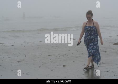 Météo au Royaume-Uni, West Sussex, 24 août 2022 : les amateurs de plage à East Wittering ont été surpris lorsqu'un après-midi ensoleillé a été coupé court par la brume de mer entrant et obscurcissant les vues habituelles de l'île de Wight. Mais il faut plus que du mauvais temps pour arrêter les nageurs, les surfeurs et les randonneurs à chiens, malgré l'atmosphère inquiétante. Anna Watson/Alay Live News Banque D'Images