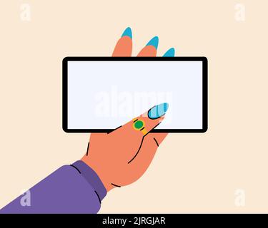 Femme tenant un smartphone avec écran blanc. Smartphones avec écran vide. Main tenant l'écran tactile du téléphone. Illustration vectorielle Illustration de Vecteur