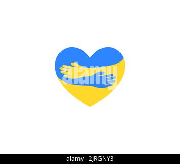 Forme plate en forme de coeur avec les mains porte-tasses en bleu jaune drapeau ukrainien couleurs logo. UA soins, amour et soutien du symbole de l'Ukraine. Illustration vectorielle Illustration de Vecteur