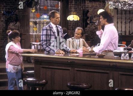 RHEA PERLMAN, FRED Kelsey Grammer, sécheur, Ted Danson, Cheers, 1982 Banque D'Images