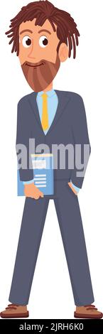 Personnage de professeur de dessin animé. Homme intelligent barbu avec livre Illustration de Vecteur