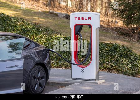 Slovénie, Ljubljana - 26 mars 2022 : charge de Tesla de voiture électrique à la station de compresseur de suralimentation Banque D'Images