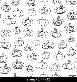 Motif citrouilles effrayantes sans couture pour Halloween. Décrivez un visage drôle, créepy et souriant sur fond blanc. Personnages Doodle Autumn. Symbole Halloween heureux. Illustration de Vecteur