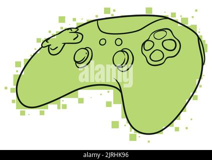 Manette de jeu vidéo dans les contours avec ses joysticks, boutons et D-pad sur la couleur verte comme les pixels. Illustration de Vecteur