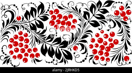 Affiche de style ukrainien basée sur la broderie folklorique ukrainienne en rouge et noir sur fond blanc. Petrykivka. Illustration de Vecteur