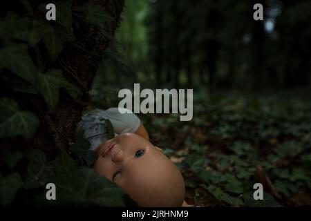 Scène sombre de gros plan de l'enfant effrayant dolly dans les bois profonds juste avant la nuit. Banque D'Images