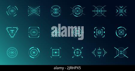 Réglage du système cible de commande de visée HUD. Interface graphique et interface FUI. Collection futuriste de visée optique militaire. Éléments de radar numérique GUI. Vues de la plage focale du collimateur. Réticules vectoriels pour tableau de bord numérique Illustration de Vecteur