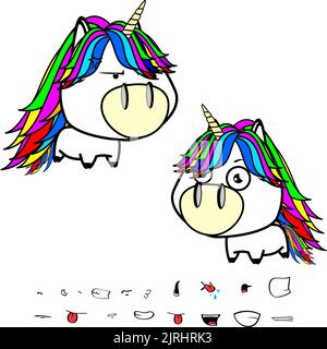 les expressions de dessin animé de la grosse tête unicorn sont définies au format vectoriel Illustration de Vecteur