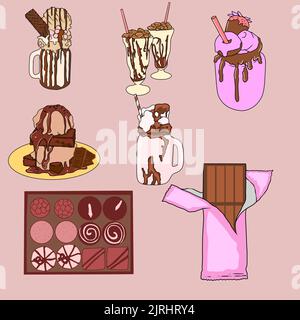 Dessin animé de plusieurs types de milk-shakes au chocolat et de morceaux de chocolat sur fond rose clair Illustration de Vecteur