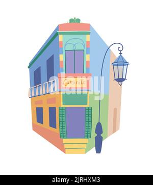 Caminito la Boca, une maison multicolore lumineuse dans une allée située à Buenos Aires, en Argentine. Image vectorielle de style plat, arrière-plan isolé. Illustration de Vecteur