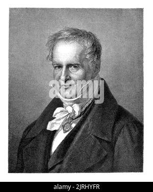 Illustration d'un Friedrich Wilhelm Heinrich Alexander von Humboldt. Géographe prussien, naturaliste, explorateur et représentant du romantisme fondateur du biogéographe Banque D'Images