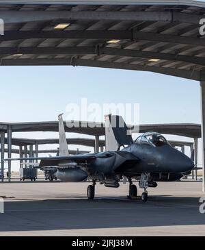 Les aviateurs de la Force aérienne des États-Unis du 389th Fighter Generation Squadron se préparent à lancer un aigle de frappe F-15E de la Force aérienne des États-Unis pour une mission d'entraînement de routine à la base aérienne de Mountain Home, Idaho, 22 août 2022. Le FGS est composé de responsables et de personnel administratif responsables de la santé et de la production de la puissance aérienne et est aligné sur l'escadron de chasse avec la même désignation numérique. (États-Unis Photo de la Force aérienne par le sergent d'état-major. Joshua Hoskins) Banque D'Images