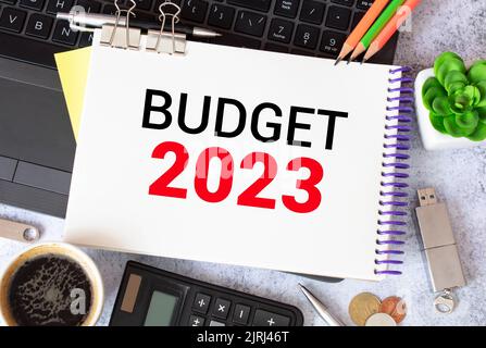 Documents d'affaires pliés, stylo, lunettes, une fleur dans un pot et une tablette avec une feuille de papier avec le texte BUDGET 2023 sur le bureau. Vue de dessus du W Banque D'Images