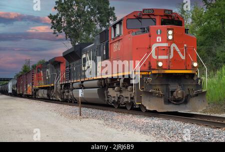 Wayne, Illinois, États-Unis. Une paire de locomotives du canadien National dirigent un train de marchandises à travers le nord-est de l'Illinois. Banque D'Images