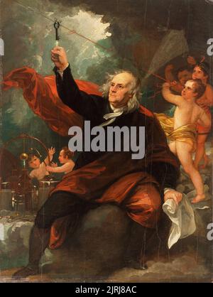 Benjamin Franklin dessin de l'électricité du ciel peint par Benjamin West. La peinture dépeint Franklin testant son idée que la foudre est un phénomène électrique Banque D'Images