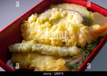 Gros plan à emporter Udon Bento dans un contenant à nourriture. Les garnitures sont l'oignon vert, l'œuf frit au Japon (Tamagoyaki), la tempura végétale et la tempura aux crevettes. Banque D'Images