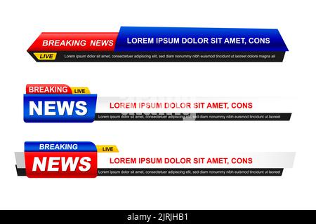 Jeu de modèles Breaking News, collection de titres de programmes TV sur fond blanc.Texte Breaking News sur une étiquette et un badge. Style élégant et moderne, Banque D'Images