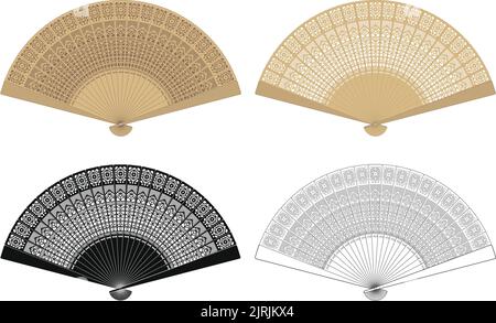 Illustration vectorielle modifiable en couches d'un ventilateur pliant en bois de style asiatique. Illustration de Vecteur