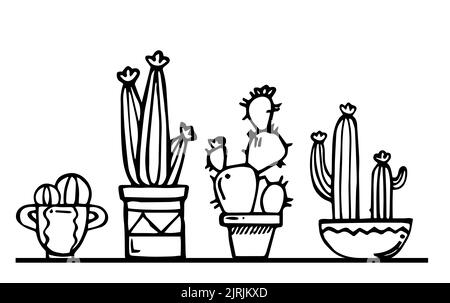 Cactus plantes d'intérieur en pots. Épines exotiques. Esquisse dessinée à la main. Dessin avec de l'encre. Isolé sur fond blanc. Vecteur. Illustration de Vecteur