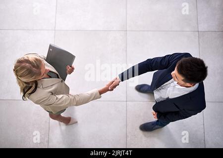 Bien faire de grandes choses ensemble. Photo en grand angle de deux professionnels en voyage d'affaires qui se secouent au bureau. Banque D'Images