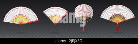 Ensemble de ventilateurs manuels réalistes png isolés sur fond transparent. Illustration vectorielle d'un souvenir asiatique traditionnel de différentes formes avec décoration rouge. Accessoire de geisha en papier ou soie Illustration de Vecteur