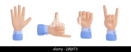 3d effectuez le rendu des gestes de la main pour ouvrir la paume de la main de salutation, raccrocher ou appeler sur un téléphone mobile, un poing ou un rocher. Hommes d'affaires langage corporel gesticulation éléments de rendu d'illustration en style plastique de dessin animé Banque D'Images