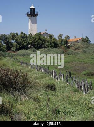 Le phare de la Gacholle, construit en 1882, se trouve le long des chemins côtiers de la réserve de la Camargue près d'Arles, en France. Banque D'Images