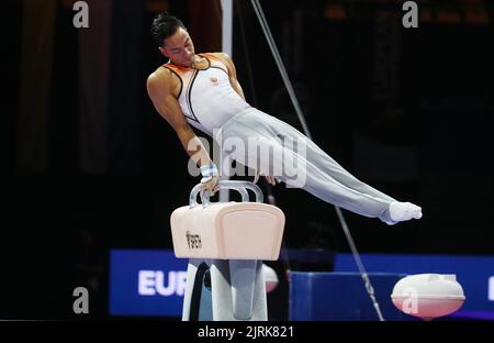 Loran de Munck des pays-Bas Médaille d'argent pendant la gymnastique artistique, le cheval de pommel masculin aux Championnats d'Europe Munich 2022 sur 21 août 2022 à Munich, Allemagne - photo Laurent Lairys / DPPI Banque D'Images