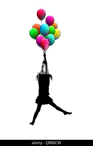 Silhouette d'une fille volant dans des ballons. Illustration vectorielle. Joyeux anniversaire. Illustration de Vecteur