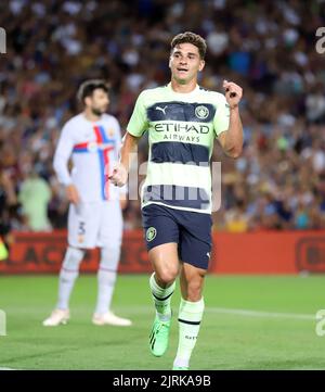 Sabadell, Barcelone, Espagne. 24th août 2022. IBarcelona Espagne 24.08.2022 Julian Alvarez (Manchester City) célèbre après avoir marquant le but de˜de son équipe lors de l'ELA entre le FC Barcelone et Manchester City au Camp Nou le 24 août 2022 à Barcelone. (Image de crédit : © Xavi Urgeles/ZUMA Press Wire) Banque D'Images