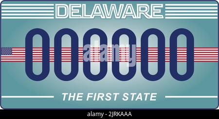 Plaques d'immatriculation de véhicule au Delaware aux États-Unis d'Amérique, plaques de voiture. Numéros de permis de conduire de différents États américains. Impression Vintage Illustration de Vecteur