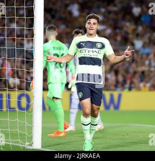 Sabadell, Barcelone, Espagne. 24th août 2022. IBarcelona Espagne 24.08.2022 Julian Alvarez (Manchester City) célèbre après avoir marquant le but de˜de son équipe lors de l'ELA entre le FC Barcelone et Manchester City au Camp Nou le 24 août 2022 à Barcelone. (Image de crédit : © Xavi Urgeles/ZUMA Press Wire) Banque D'Images