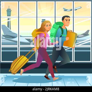 Touristes avec sacs à dos et valises. Est en retard. À l'aéroport avec vols internationaux. Vacances en avion. Garçon et fille ou mari et femme. Vecteur Illustration de Vecteur