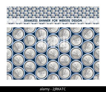 Canettes en aluminium à motif sans couture avec vue sur le dessus du soda. Canettes de bière en métal avec clé pour ouvrir à partir d'un angle élevé. Vecteur horizontal réaliste pour bannière ou site Web Illustration de Vecteur