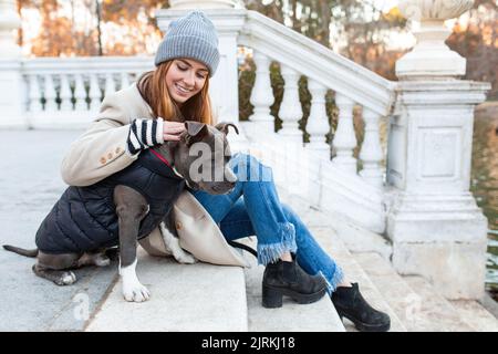 Vue latérale d'une jeune femme s'amusant avec son chien américain de stanford tout en étant assise sur les escaliers Banque D'Images