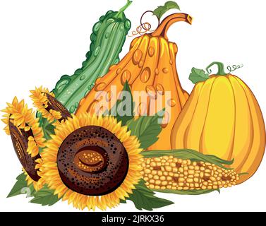 légumes d'automne et d'été maïs tournesol citrouille thanksgiving hallowee Illustration de Vecteur