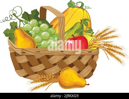 légumes d'automne et d'été dans un panier raisins citrouilles blé poire thanksgiving jour Illustration de Vecteur