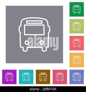 La vue avant du bus présente des icônes plates sur des arrière-plans carrés de couleur simple Illustration de Vecteur