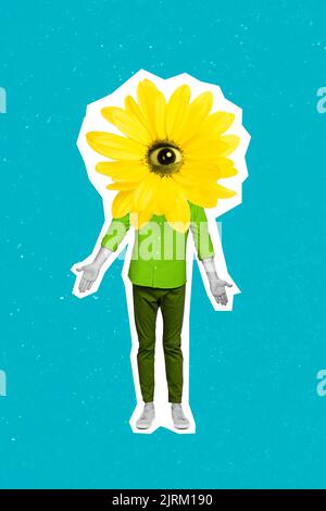 Image étrange collage de type questionné avec floral plante visage oublier femme jour vacances isolé teal couleur fond Banque D'Images