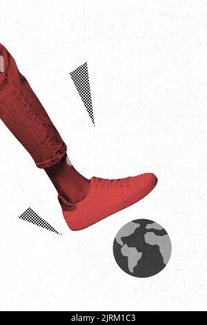 Illustration magazine d'art image de la grande jambe jouant football mini planète isolé dessin arrière-plan Banque D'Images