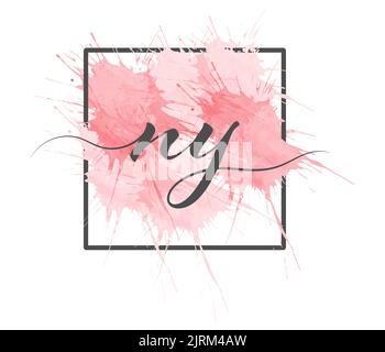 Les lettres minuscules calligraphiques N et y sont écrites en ligne continue sur un arrière-plan coloré dans un cadre Illustration de Vecteur