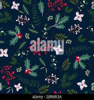 Motif de branches et baies de Noël sans coutures. Motif papier d'emballage bleu pour les vacances d'hiver Illustration de Vecteur