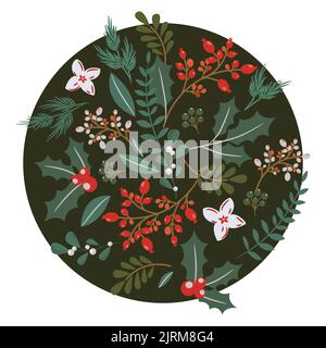 Carte de vœux de Noël composition ronde de baies d'hiver, de plantes et de décorations d'arbres de Noël Illustration de Vecteur