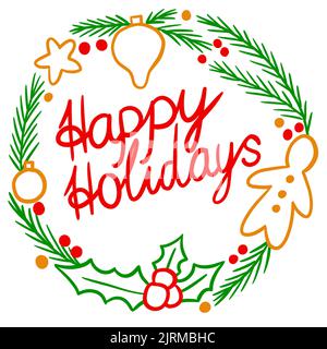 Cercle rond dessiné à la main avec salutation des fêtes dans couronne de noël. Branches de sapin vert hologramme baies cookies pain d'épice homme. Affiche d'invitation de décembre d'hiver Banque D'Images