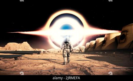 L'astronaute en combinaison spatiale marchant sur Mars Planet vers Black Hole. Space Station et Mars Rover Banque D'Images