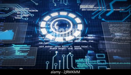 Image numérique composite d'un cercle lumineux avec des lignes et des graphiques virtuels Banque D'Images