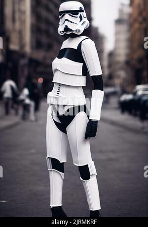 Un cliché vertical de la femme qui porte un stormtrooper et qui se tient dans la rue Banque D'Images