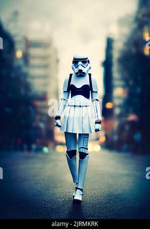 Un cliché vertical de la femme qui porte un stormtrooper et qui se tient dans la rue Banque D'Images