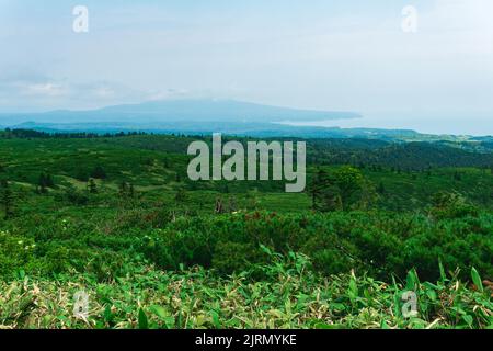 Paysage typique des Kuriles du sud, vue sur l'île de Kunashir depuis la pente du volcan Golovnin, le volcan Mendeleyev est visible à la distance i Banque D'Images